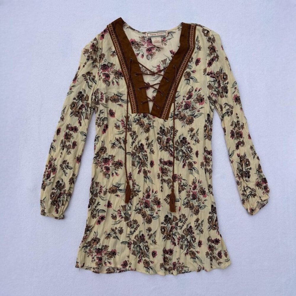 Flying Tomato Cream Floral Faux Suede Tassel Shift Dress Size Boho Bohemian 2016